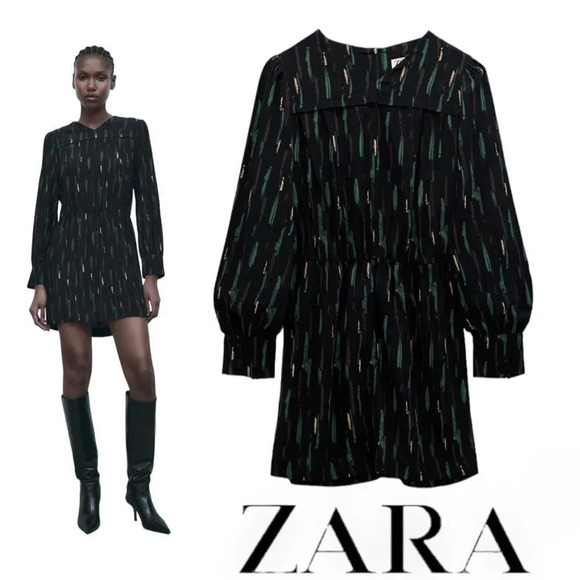 ZARA | Black | PRINTED SHORT DRESS - Picture 1 of 10